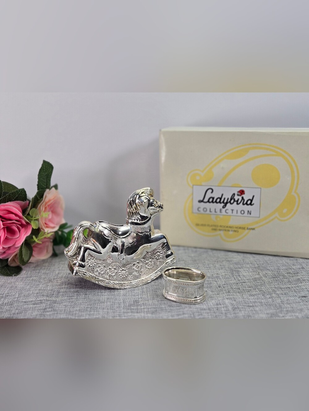 NIB Vintage Ladybird Collection SilverPlated Rocking Horse Coin Bank Napkin Ring